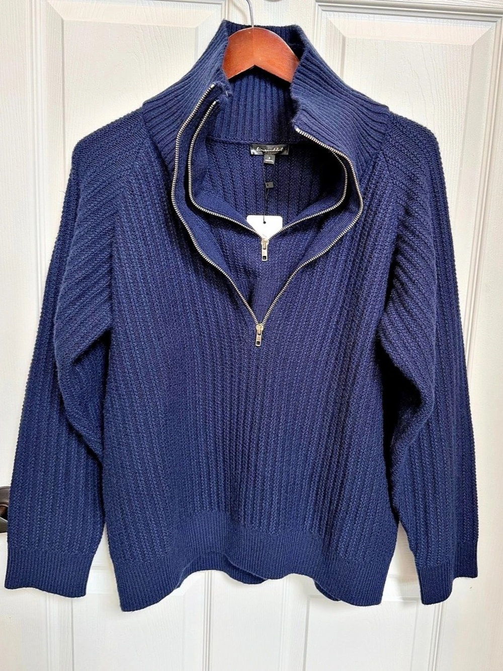 Line & Dot Hendrix Ribbed Double Quarter-Zip Pullover Sweater in Navy NWT